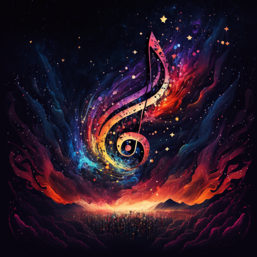 music note erupting from a sea of bright glowing colors into the starry night sky us